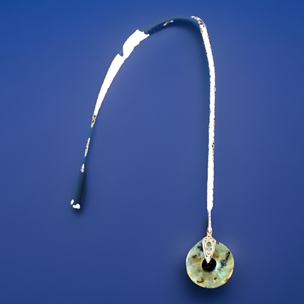 Sterling Silver 925 Green Stone Donut Pendant Necklace Jade Serpentine Style